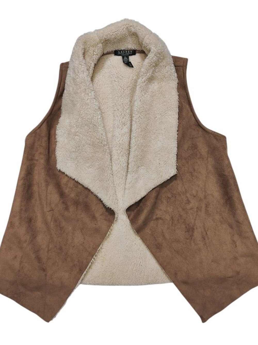 Lauren Ralph Lauren Petite Large Brown Faux Suede Sherpa Lined Vest PL